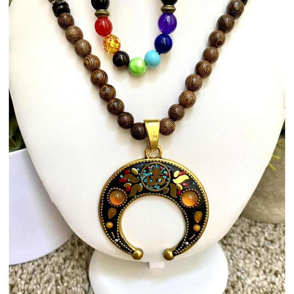 Bohemian Necklace Wooden Beads Crescent Moon Pendant Tribal Vintage Style